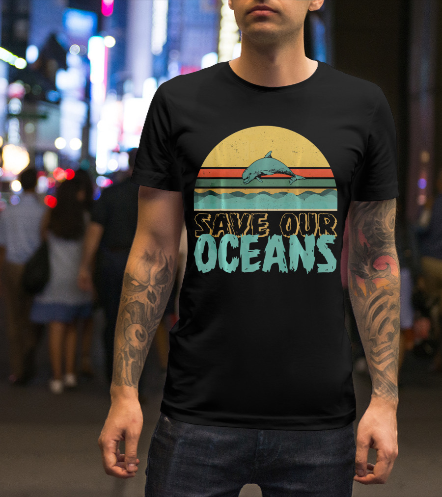 Save Our Oceans Jumping Dolphin Retro Style Climate Conservation T-Shirt