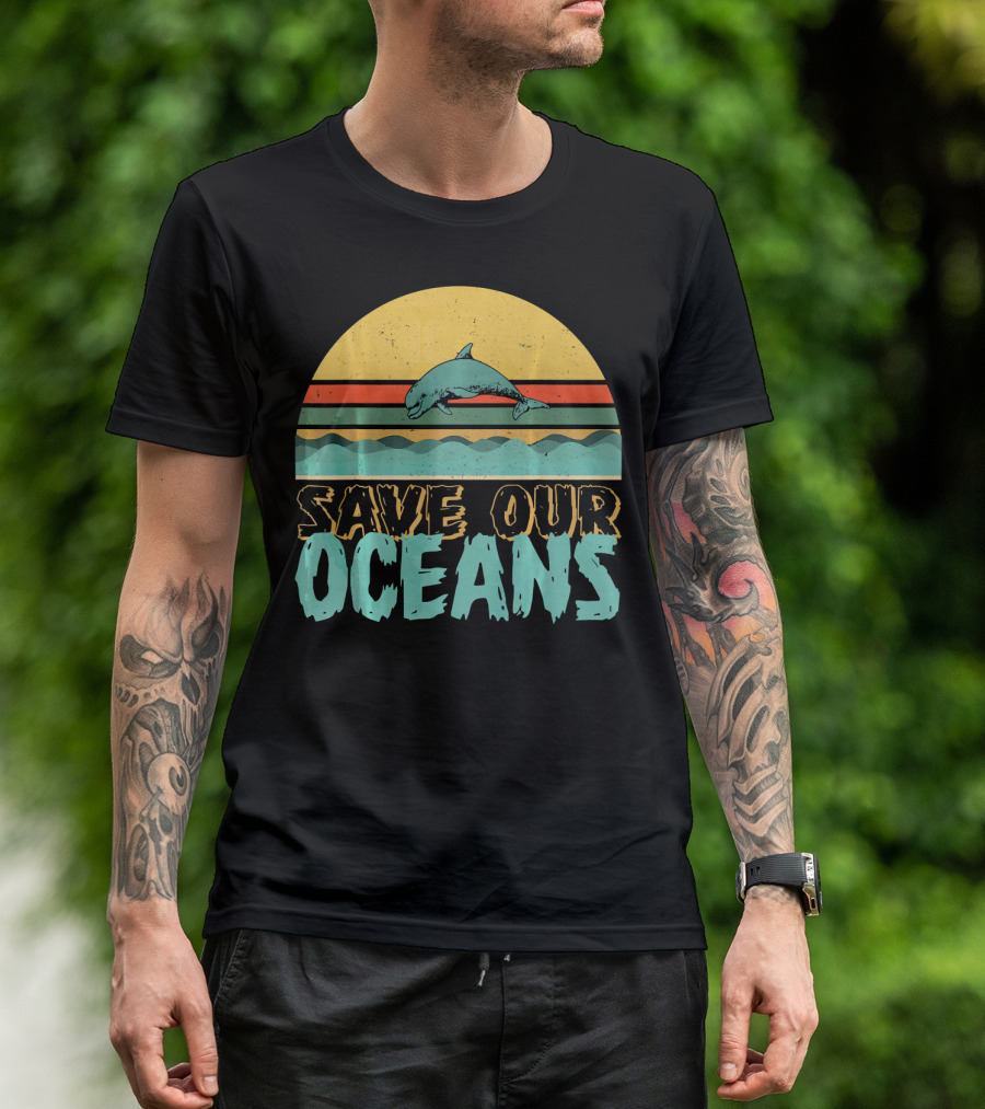 Save Our Oceans Jumping Dolphin Retro Style Climate Conservation T-Shirt
