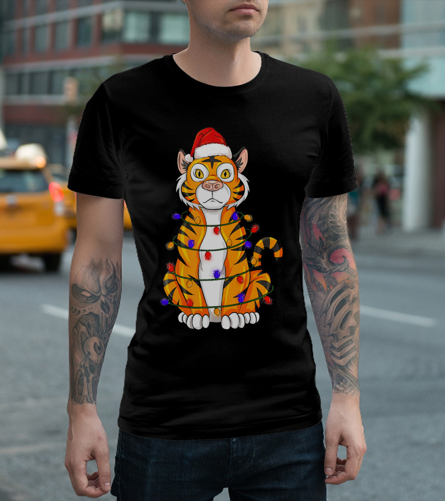 Tiger Wrapped in Christmas Lights with Santa Hat T-Shirt