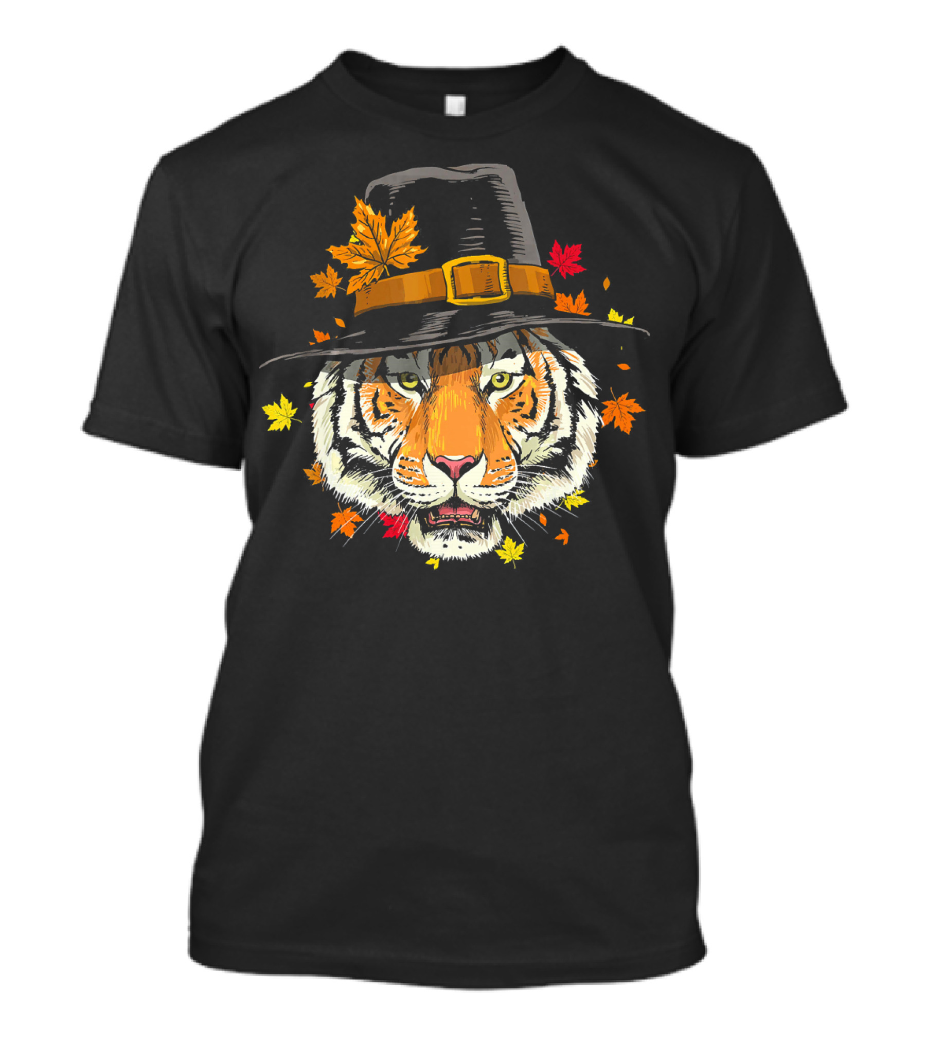 Thanksgiving Pilgrim Tiger Autumn Leaves T-Shirt