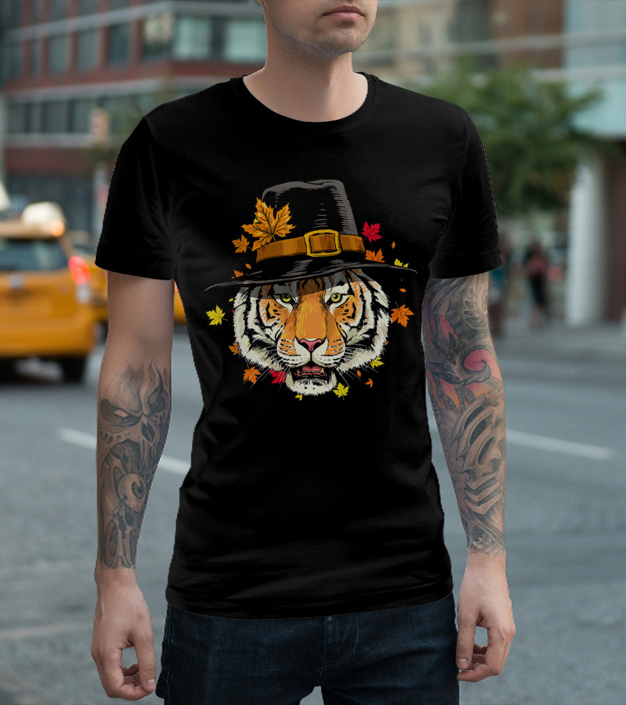 Thanksgiving Pilgrim Tiger Autumn Leaves T-Shirt