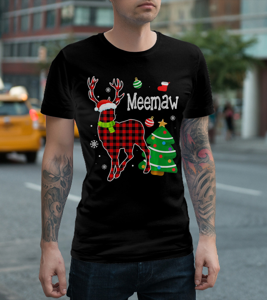 Meemaw Red Plaid Deer with Christmas Tree and Ornaments T-Shirt