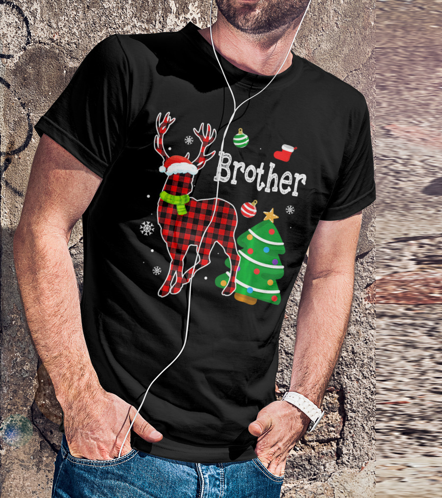 Brother Red Plaid Deer Christmas Tree And Ornaments T-Shirt