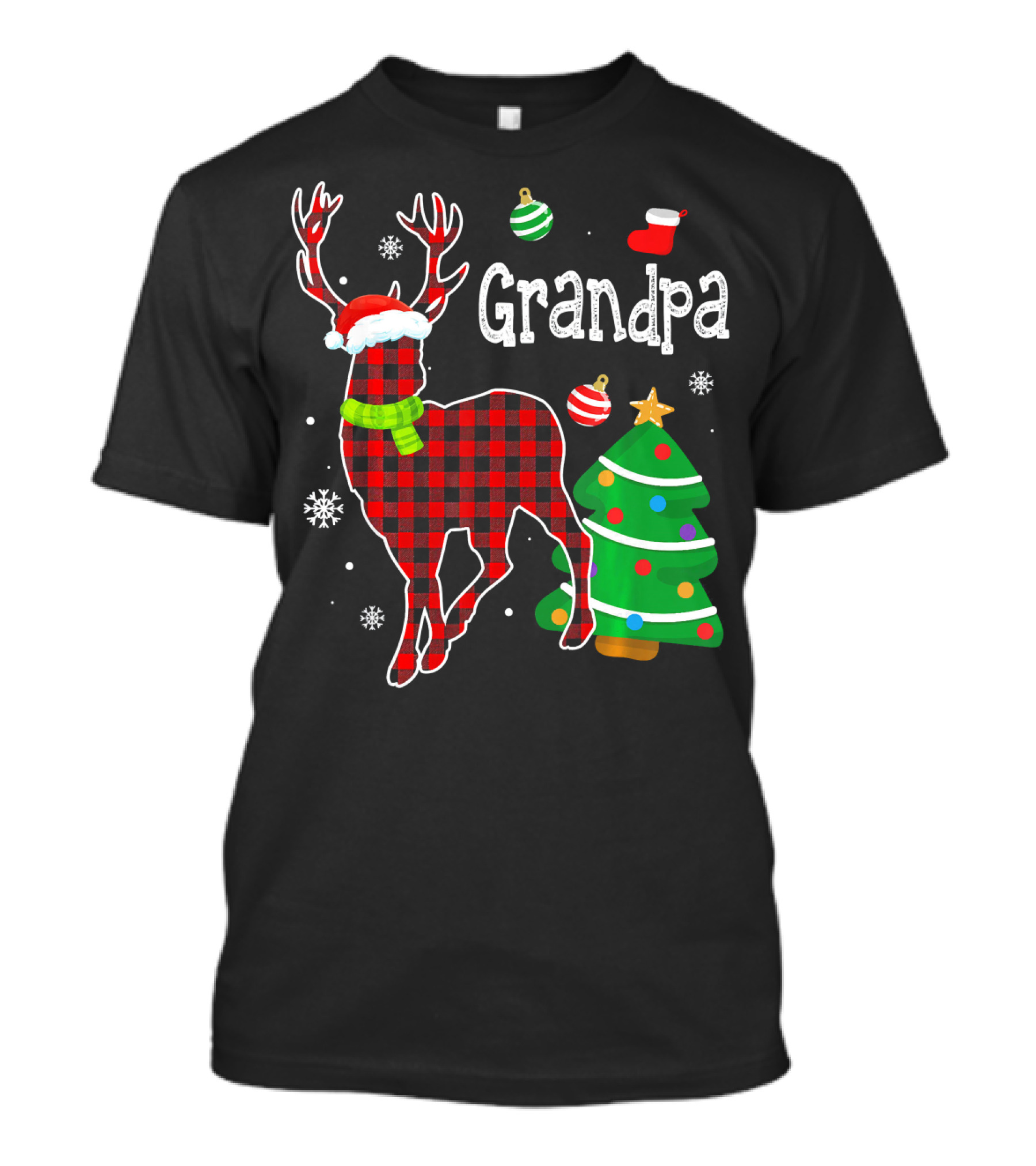 Grandpa Red Plaid Deer With Christmas Tree And Ornaments T-Shirt