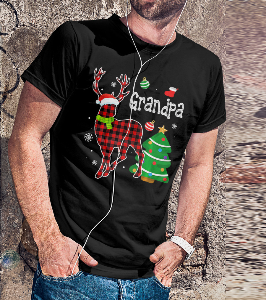 Grandpa Red Plaid Deer With Christmas Tree And Ornaments T-Shirt