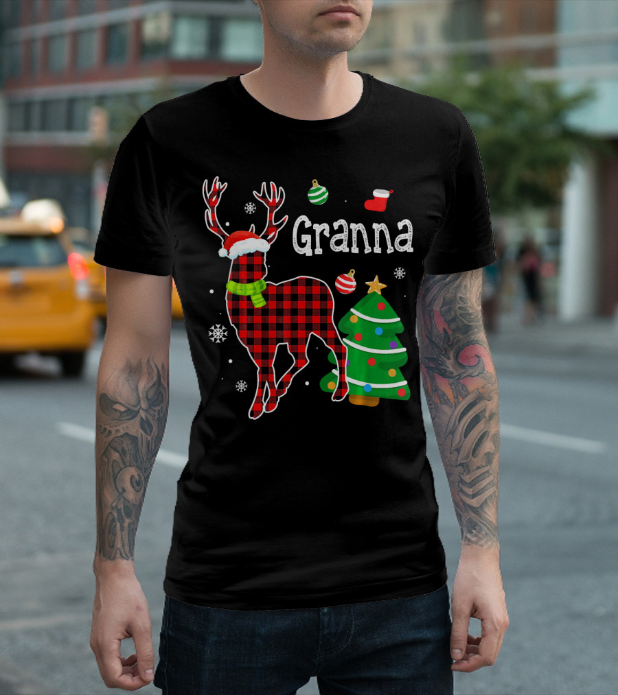 Granna Christmas Red Plaid Deer Buffalo with Santa Hat and Tree T-Shirt