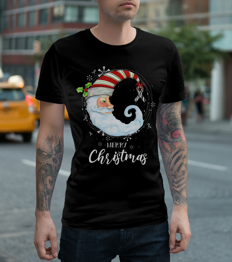 Merry Christmas Santa Moon Zebra Ribbon Carcinoid Cancer T-Shirt