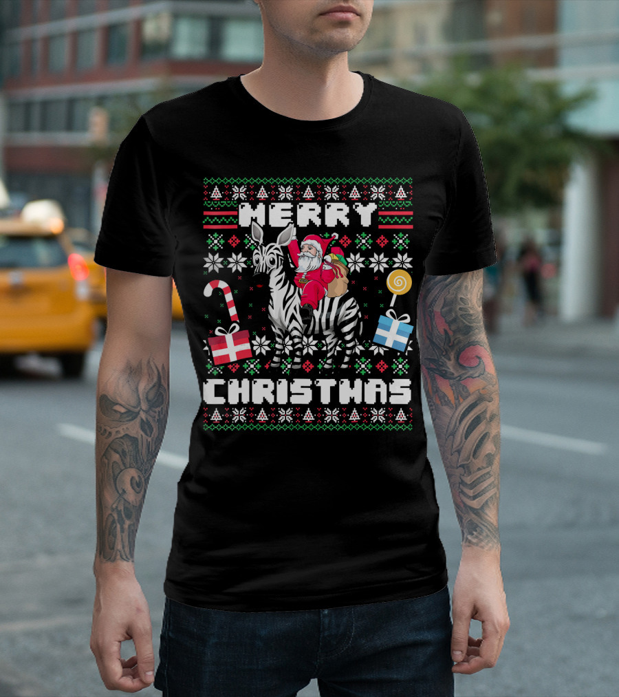 Merry Christmas Santa Riding Zebra with Candy Cane and Presents T-Shirt