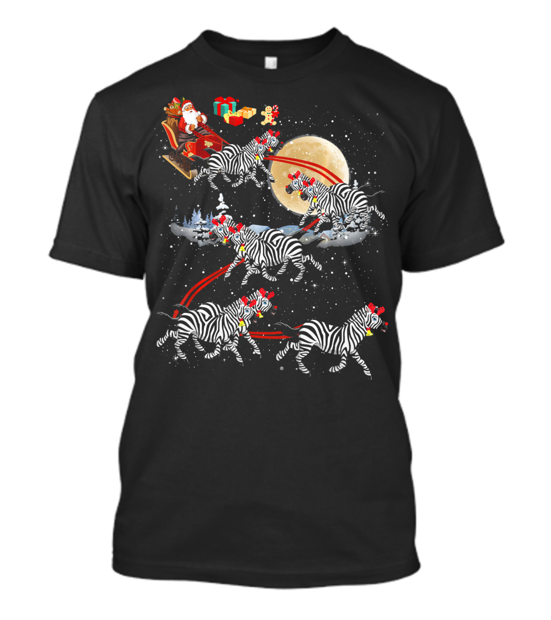 Santa Claus Sleigh With Reindeer Zebras And Gifts On Moonlit Night T-Shirt
