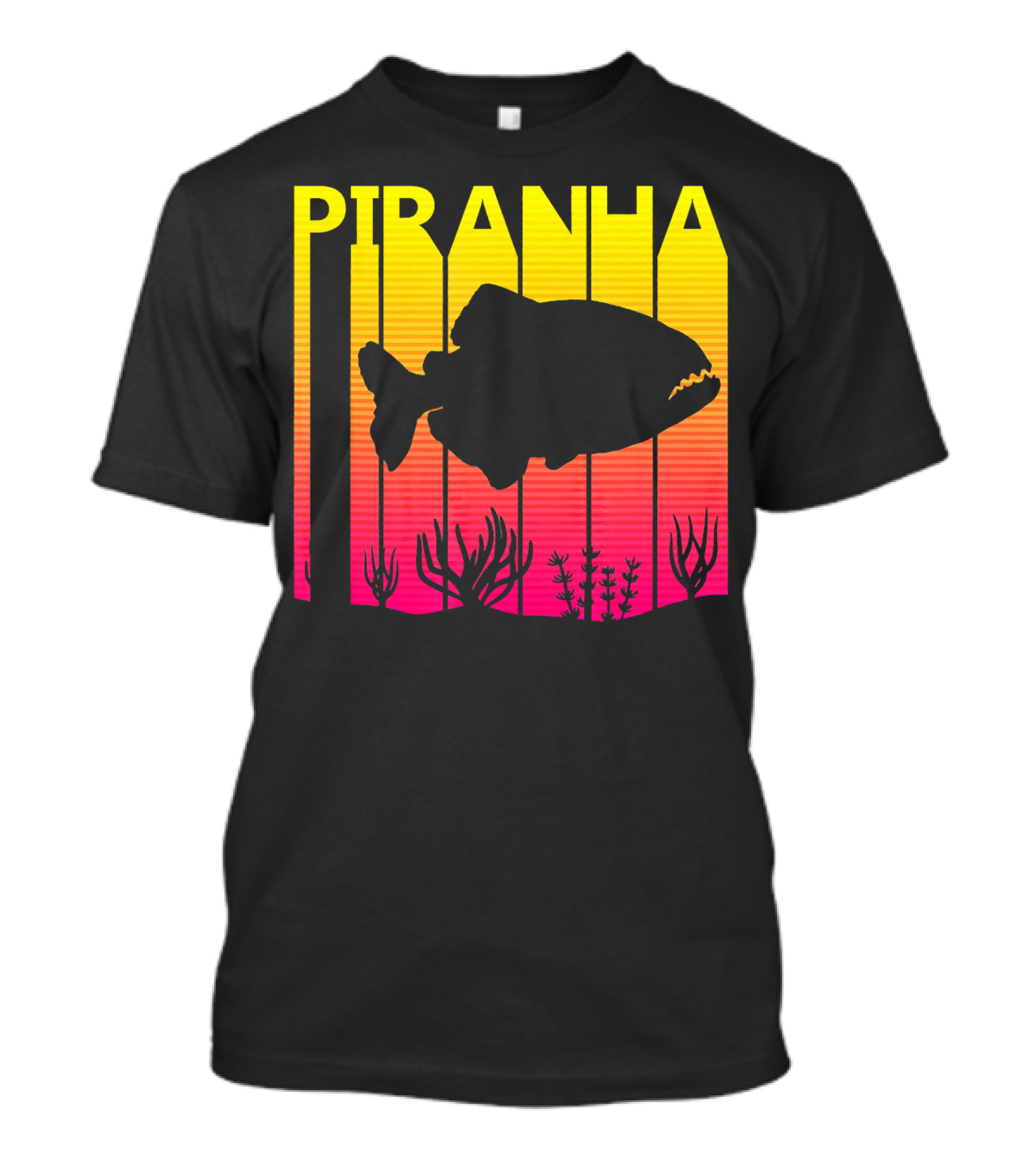 Piranha Silhouette Retro Sunset Fishing Lover T-Shirt