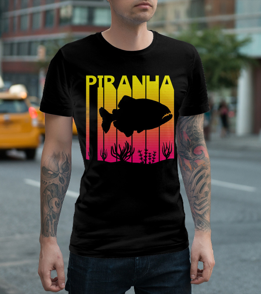 Piranha Silhouette Retro Sunset Fishing Lover T-Shirt
