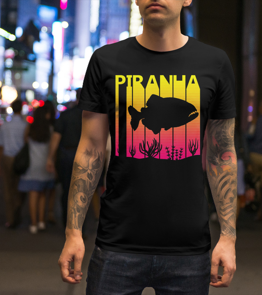 Piranha Silhouette Retro Sunset Fishing Lover T-Shirt