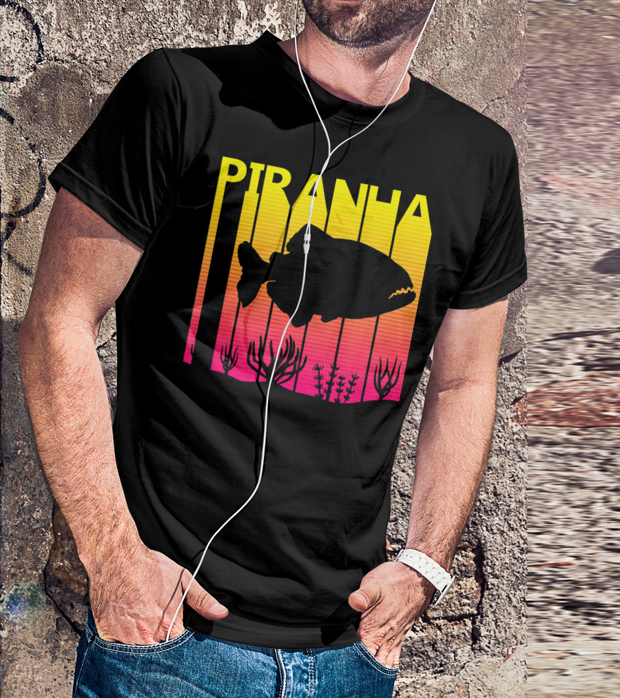 Piranha Silhouette Retro Sunset Fishing Lover T-Shirt
