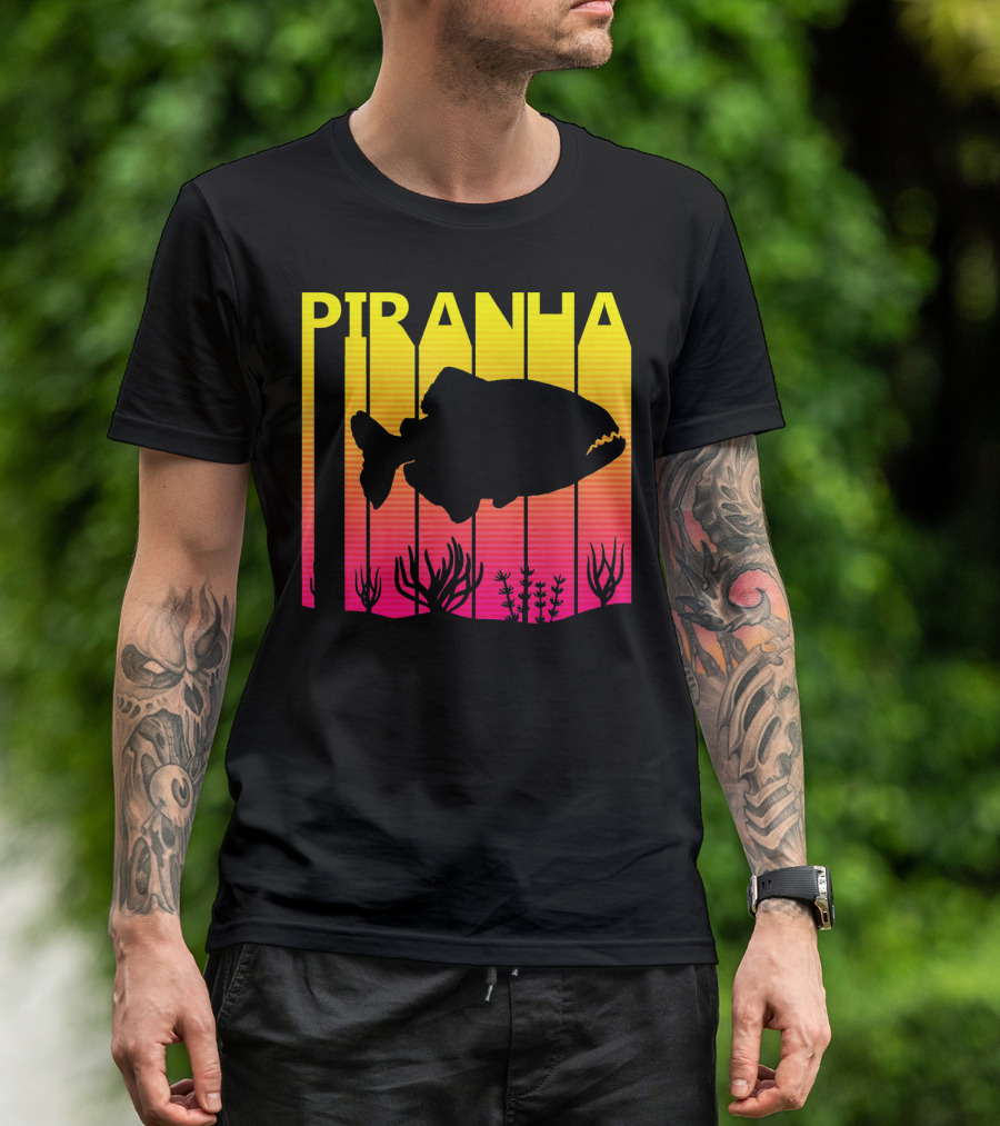 Piranha Silhouette Retro Sunset Fishing Lover T-Shirt
