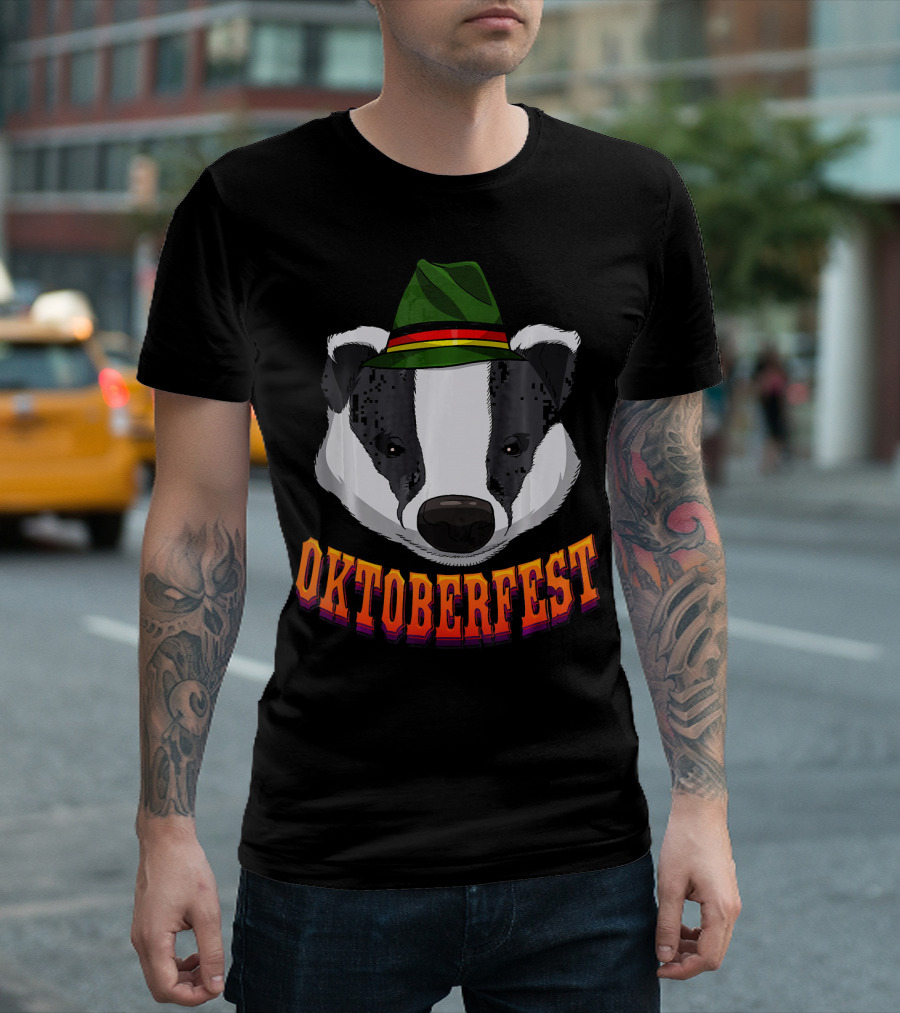 Oktoberfest Badger Wearing Green Bavarian Hat T-Shirt
