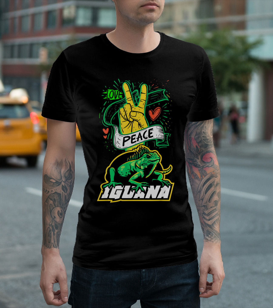 Peace Love Iguana Hand Sign Heart Green Reptile T-Shirt