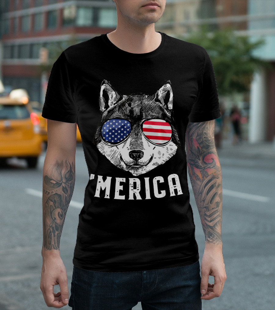 'Merica Patriotic Wolf with American Flag Sunglasses T-Shirt