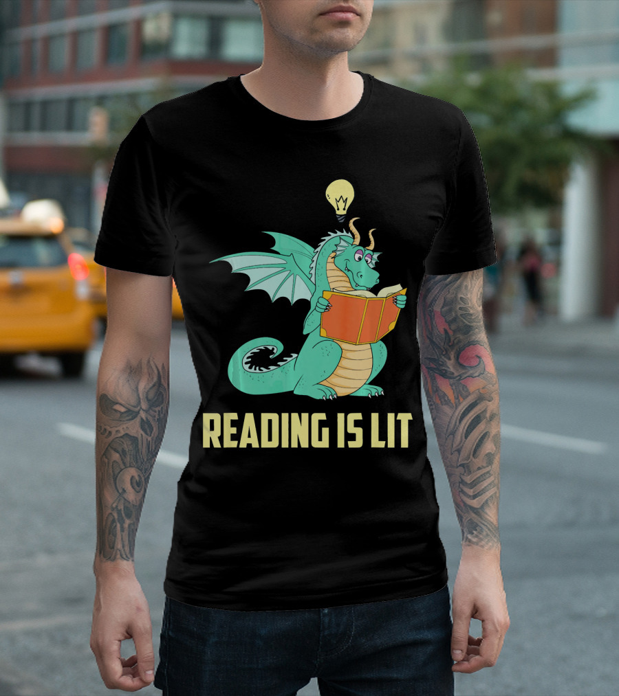 Reading Is Lit Funny Book Dragon with Light Bulb Idea T-Shirt