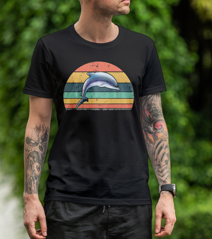 Retro Vintage Dolphin Animal Lover Zooke Classic Striped Sunset T-Shirt