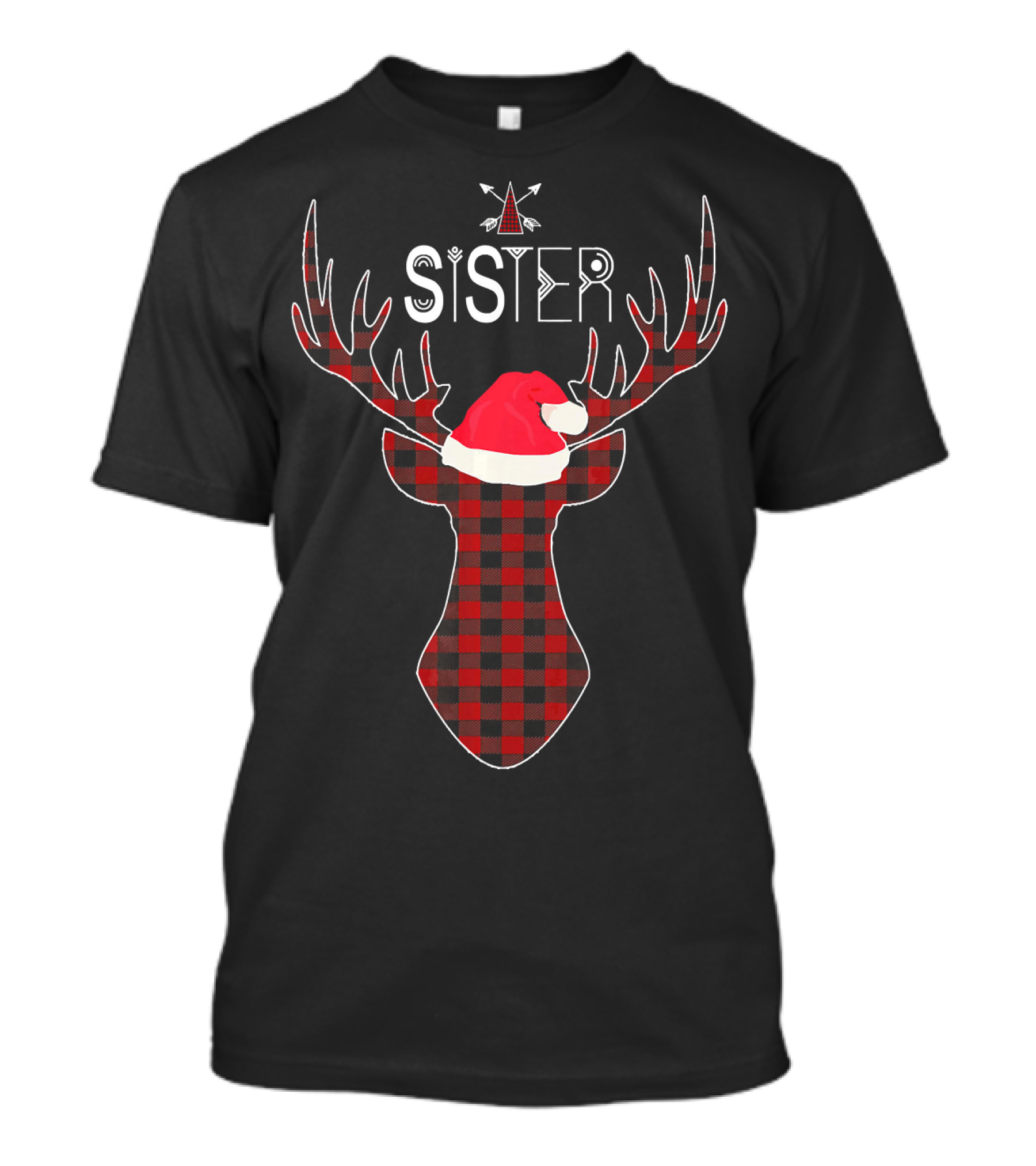 Sister Doe Deer Buffalo Plaid Family Christmas Antlers Hat T-Shirt