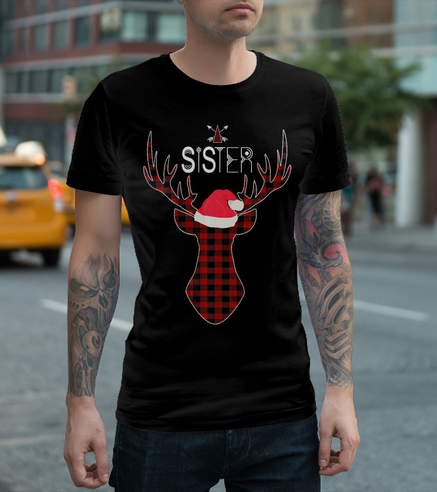 Sister Doe Deer Buffalo Plaid Family Christmas Antlers Hat T-Shirt