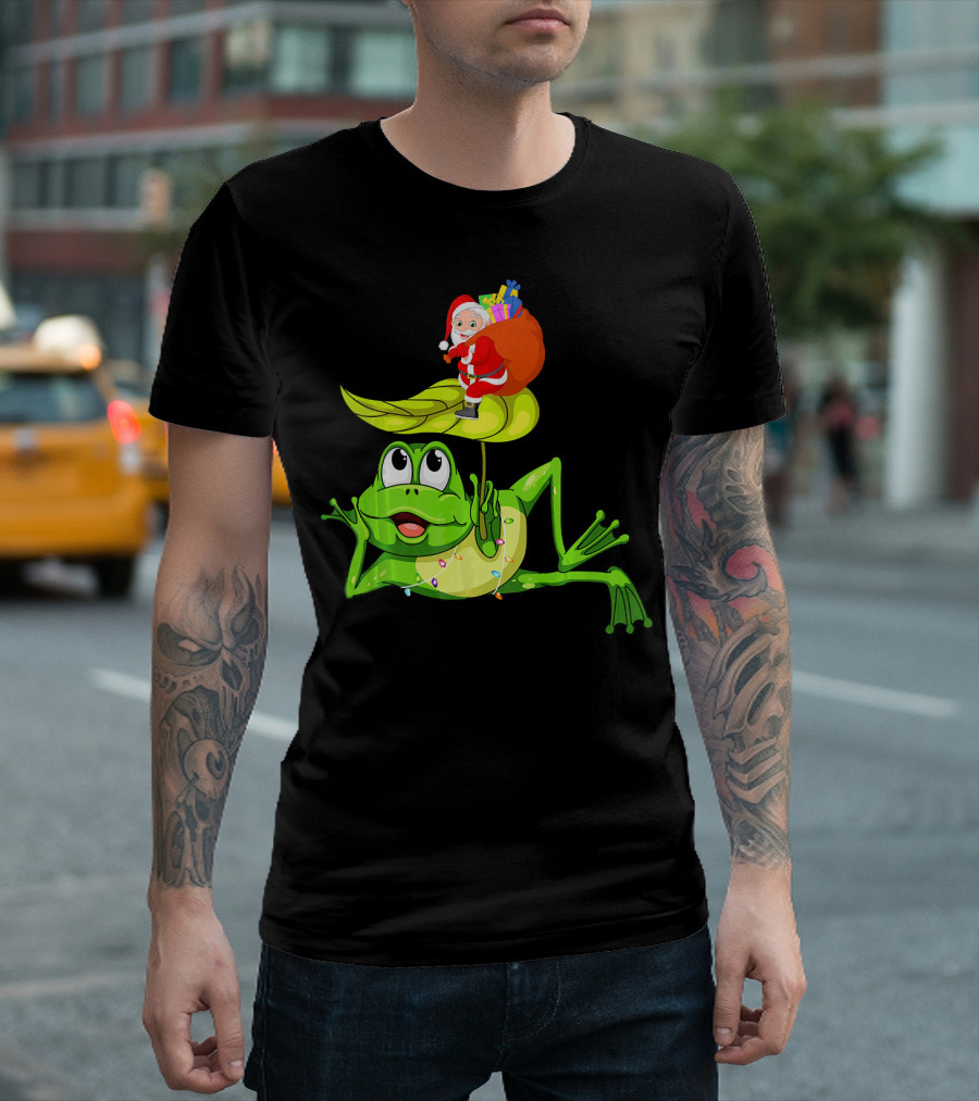 Santa Claus on Frog with Gift Sack and Lights T-Shirt