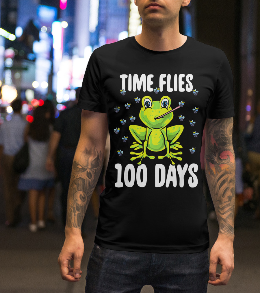 Time Flies Frog With Flies 100 Days Of School 100th T-Shirt