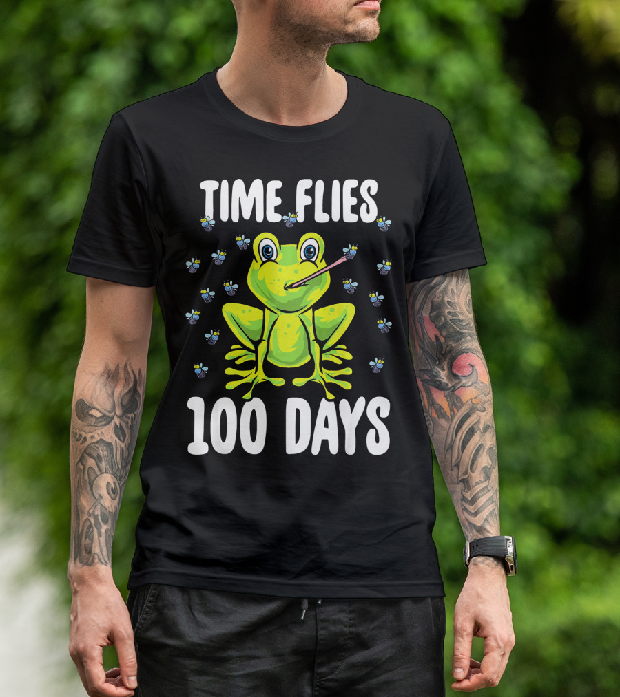 Time Flies Frog With Flies 100 Days Of School 100th T-Shirt