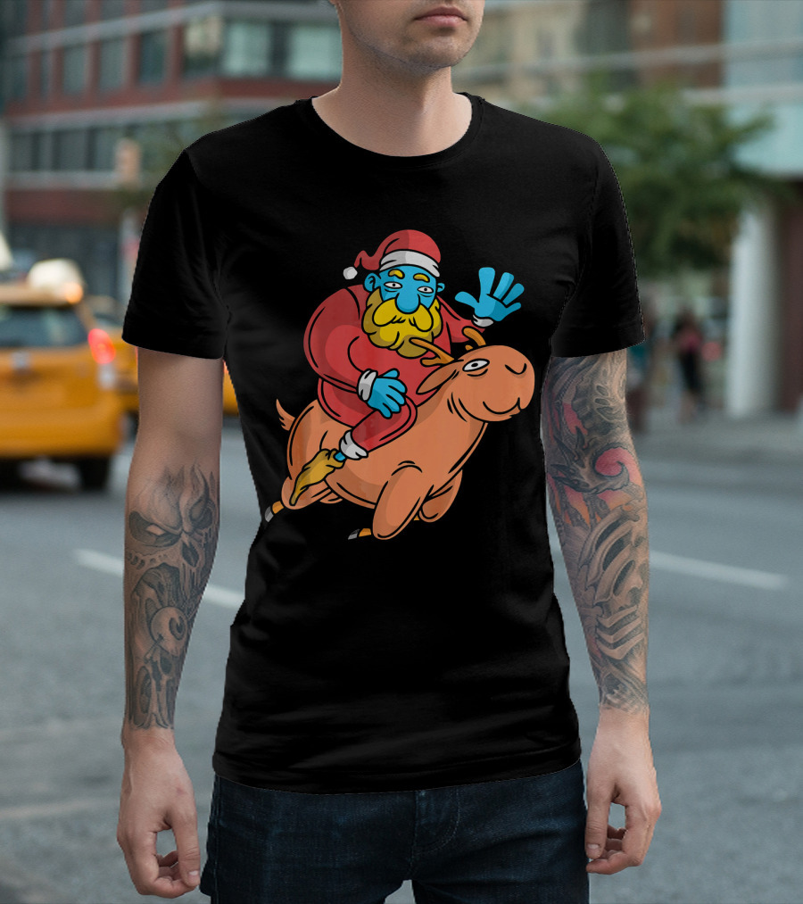 Santa Claus Riding Cartoon Deer with Blue Face Waving Hello T-Shirt