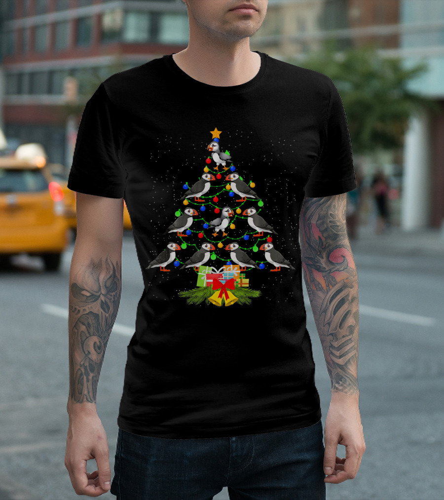 Puffin Bird Christmas Tree Lights Holiday Festive Scene T-Shirt