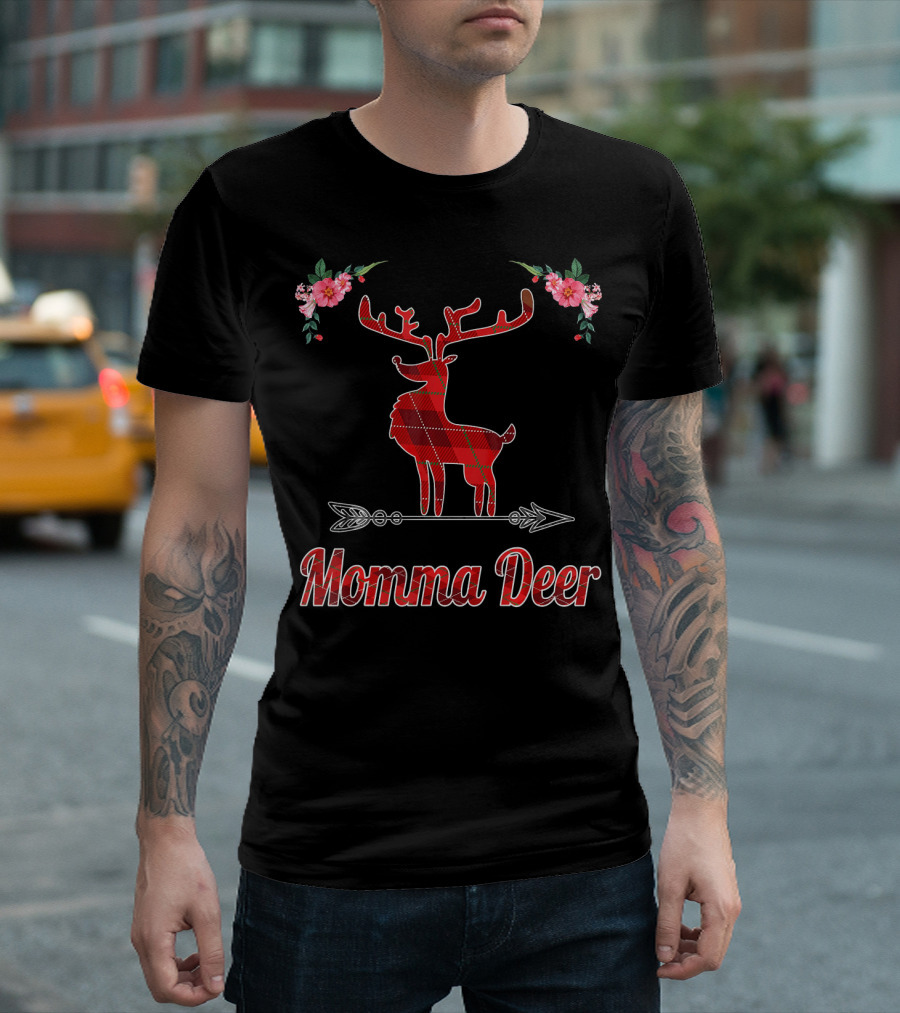 Momma Deer Red Plaid Reindeer with Floral Buffalo Accents T-Shirt