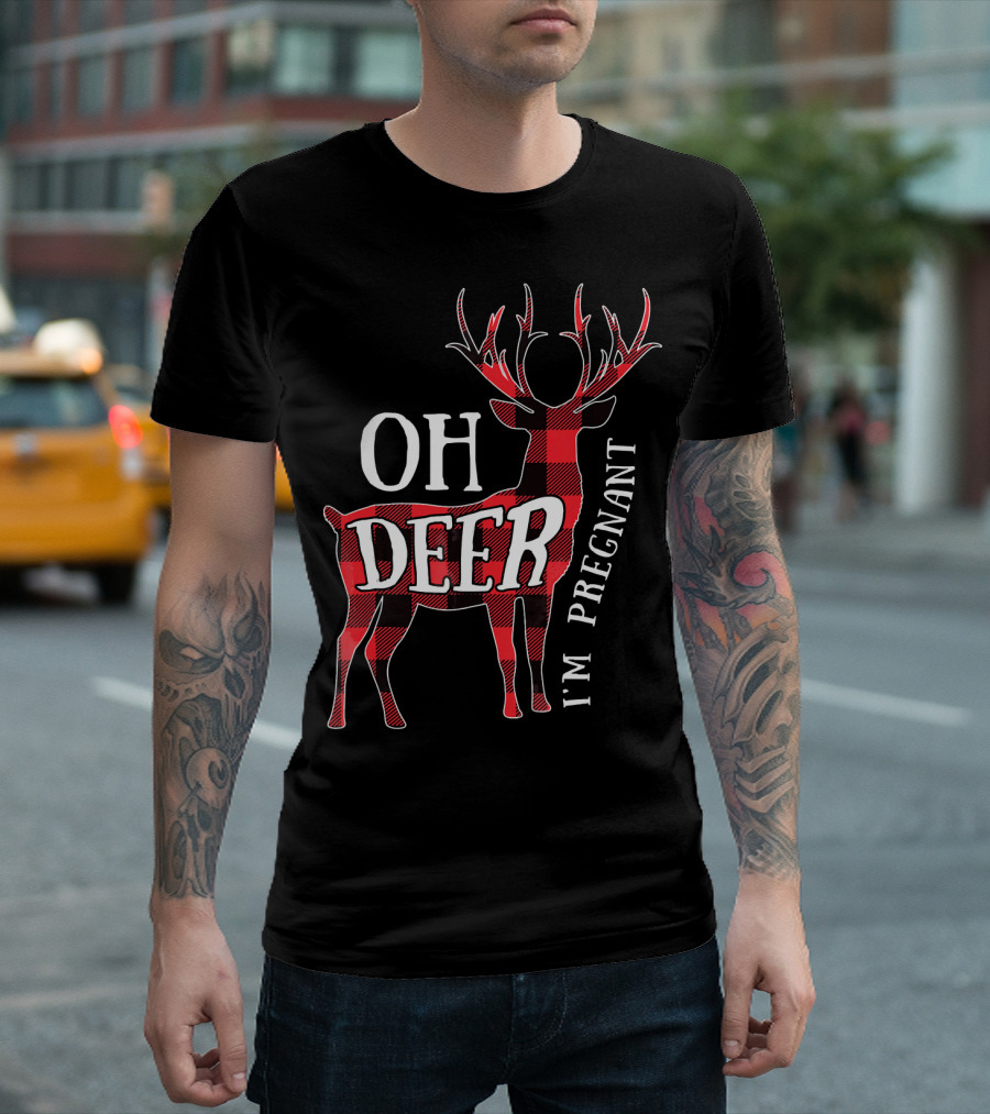Oh Deer I'm Pregnant Christmas Announcement Plaid Reindeer T-Shirt