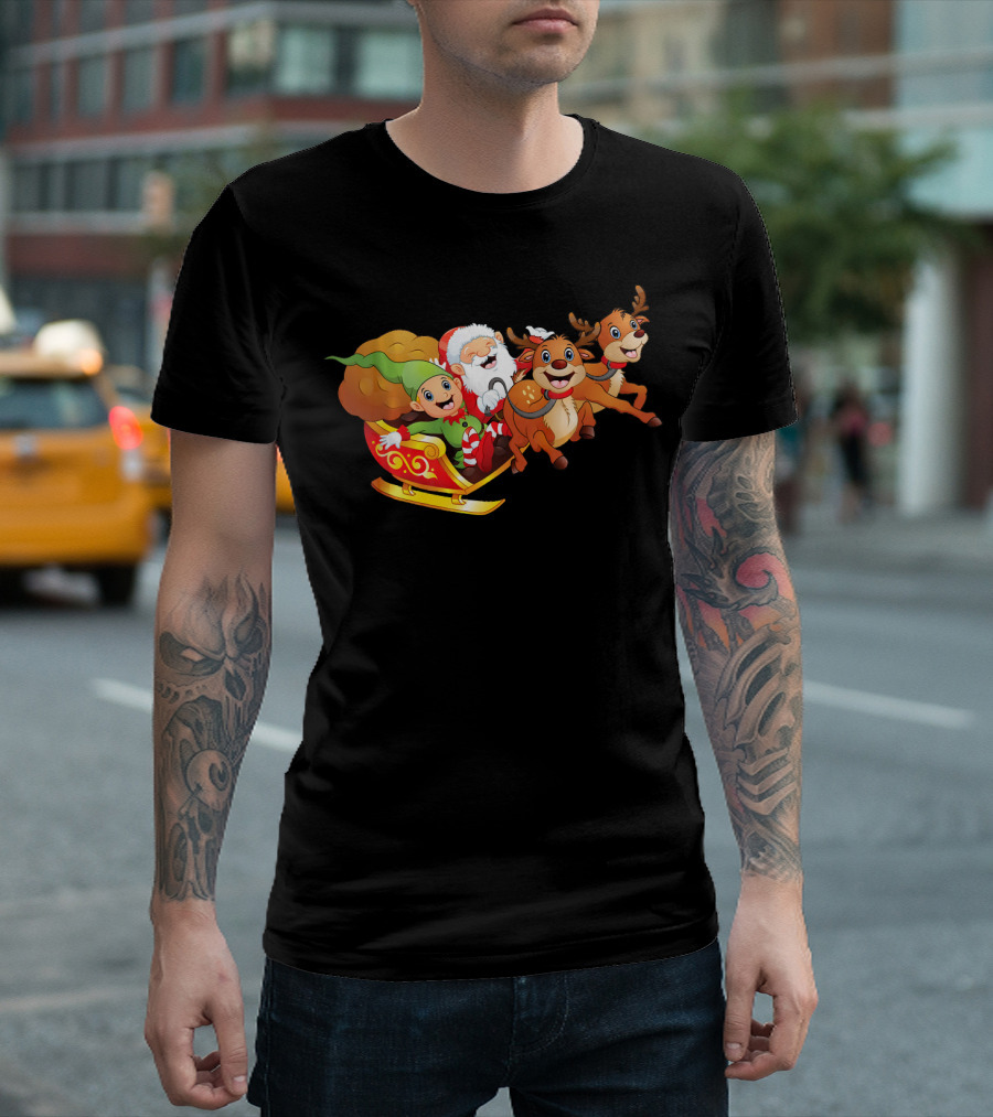 Santa And Elf Riding Reindeer Sleigh T-Shirt