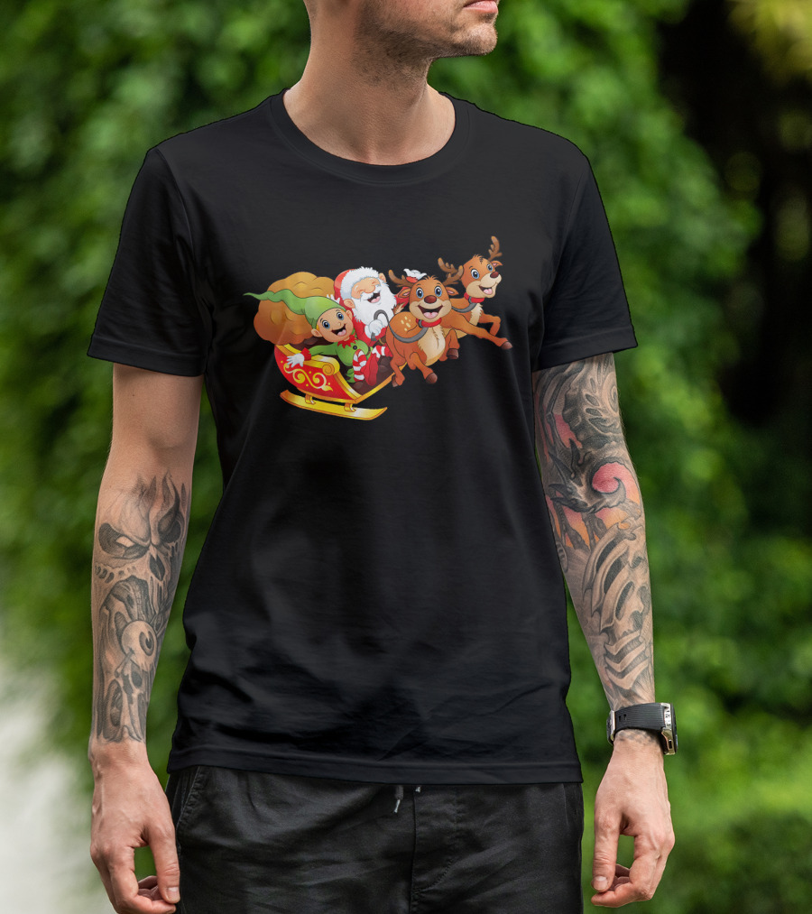 Santa And Elf Riding Reindeer Sleigh T-Shirt