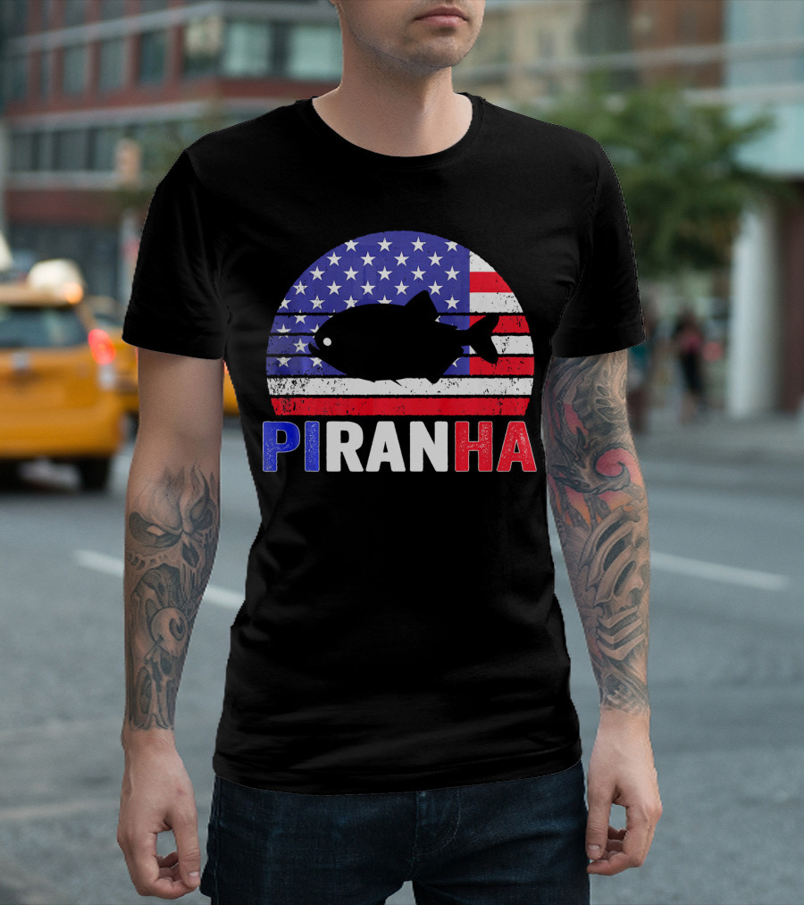 Piranha American Flag Stars and Stripes 4th of July T-Shirt
