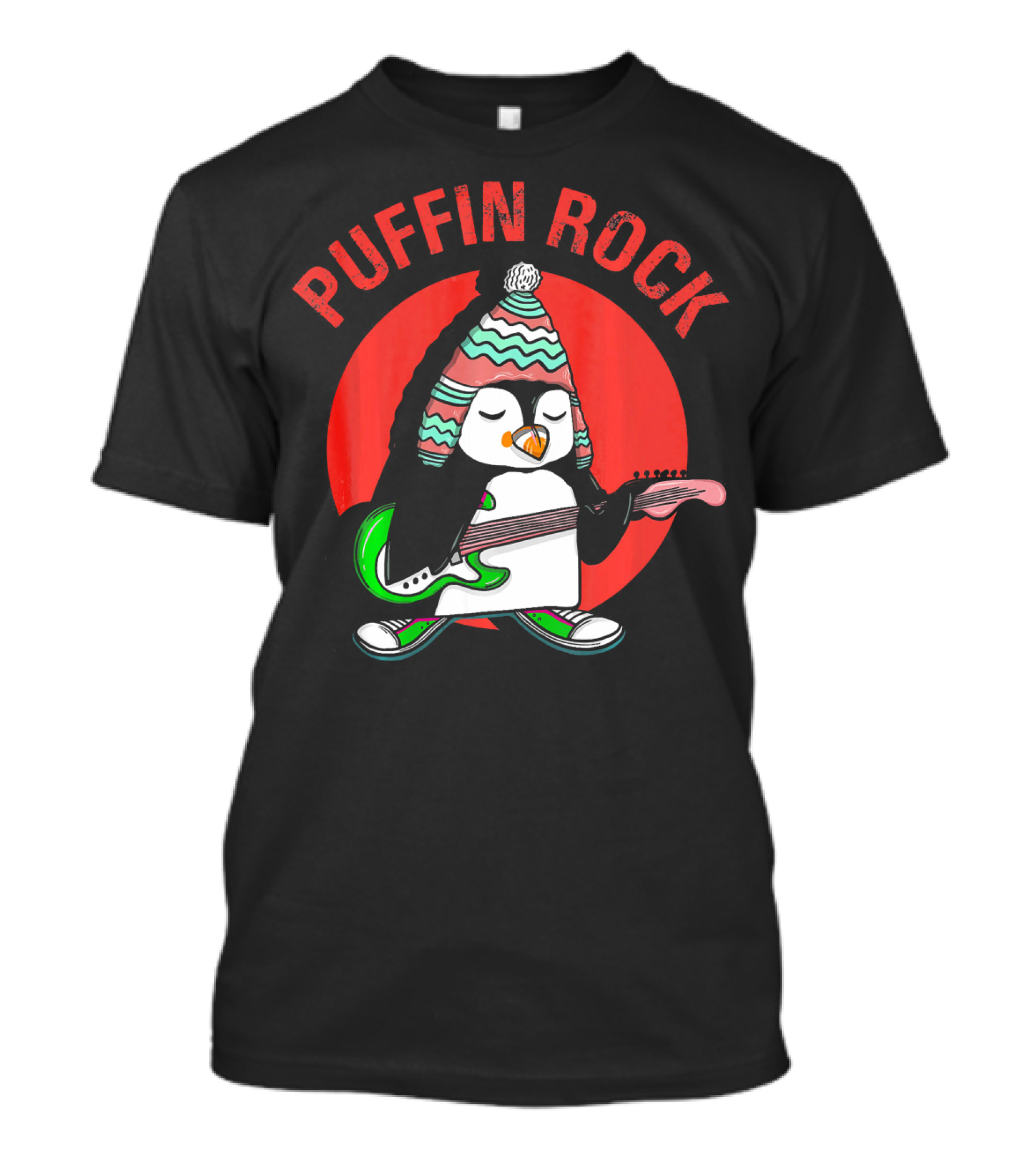 PUFFIN ROCK Puffin Playing Guitar With Winter Hat T-Shirt