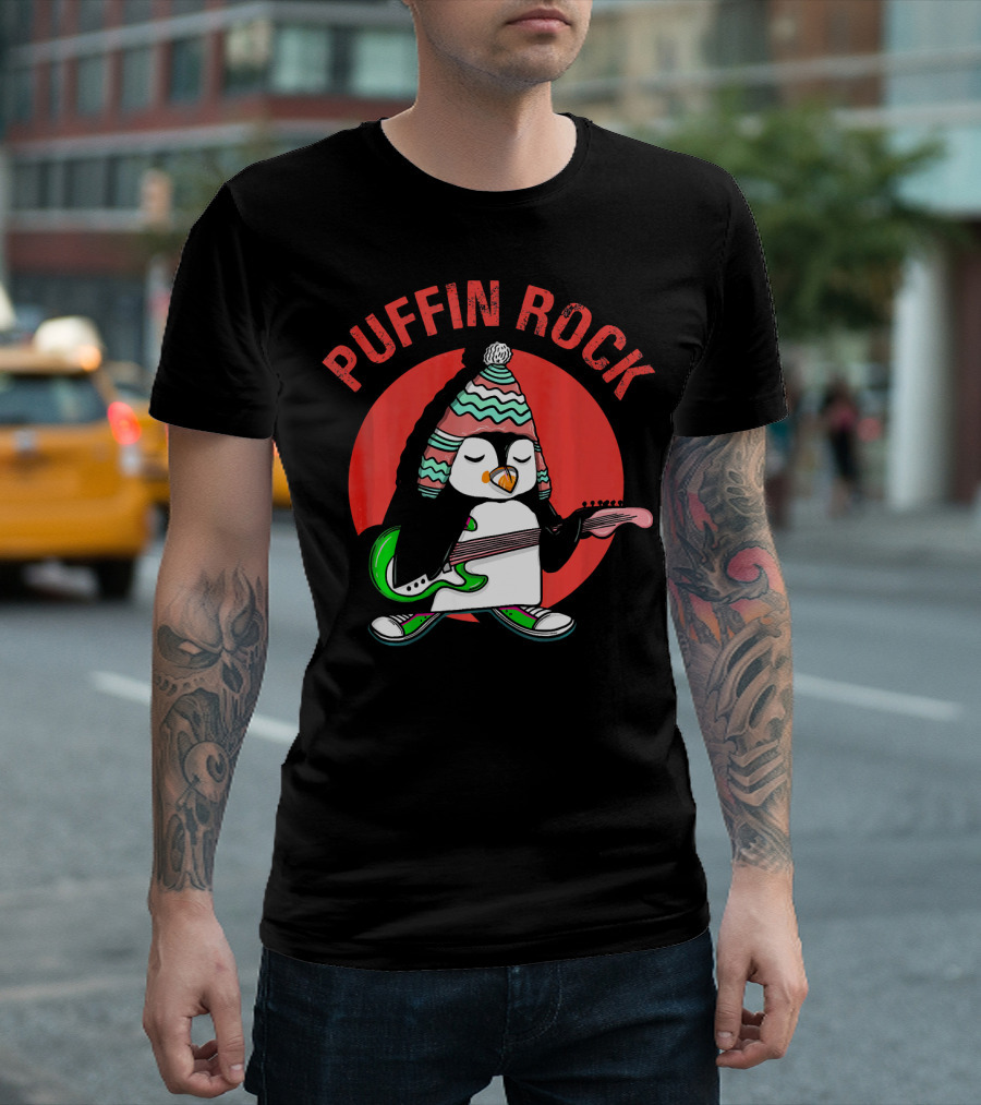 PUFFIN ROCK Puffin Playing Guitar With Winter Hat T-Shirt
