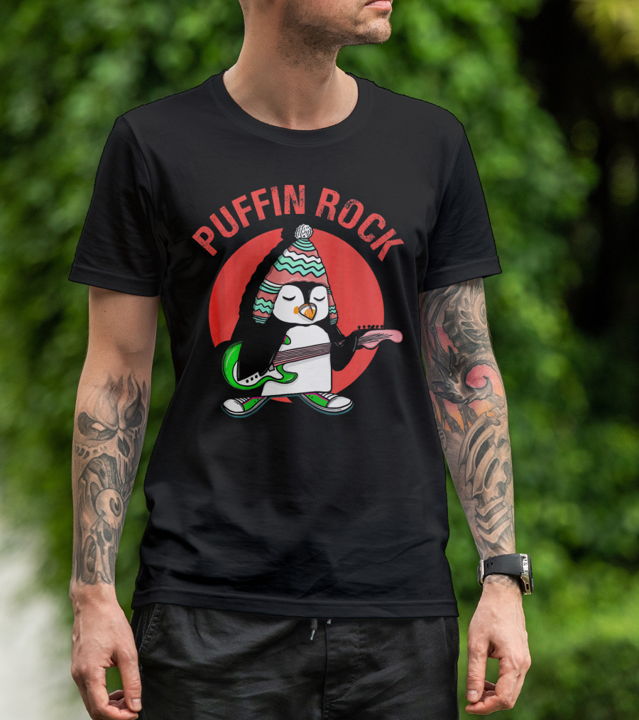 PUFFIN ROCK Puffin Playing Guitar With Winter Hat T-Shirt