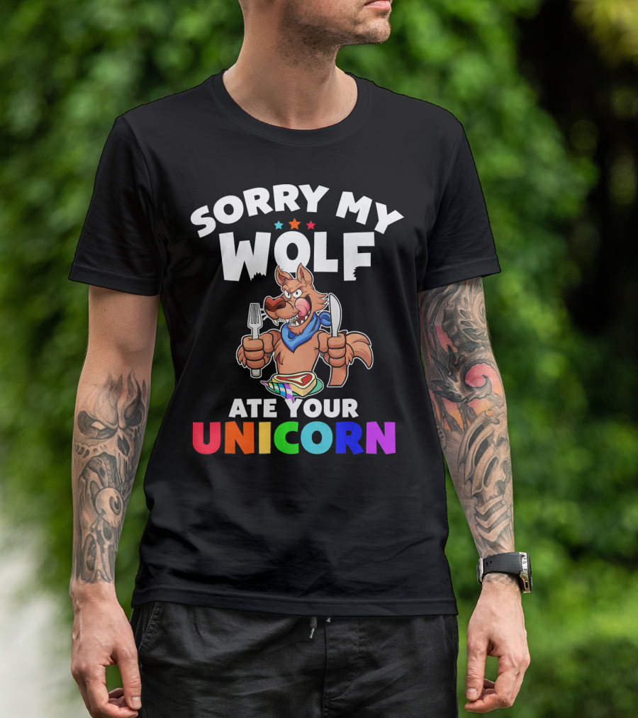Sorry My Wolf Ate Your Unicorn Rainbow Cartoon T-Shirt