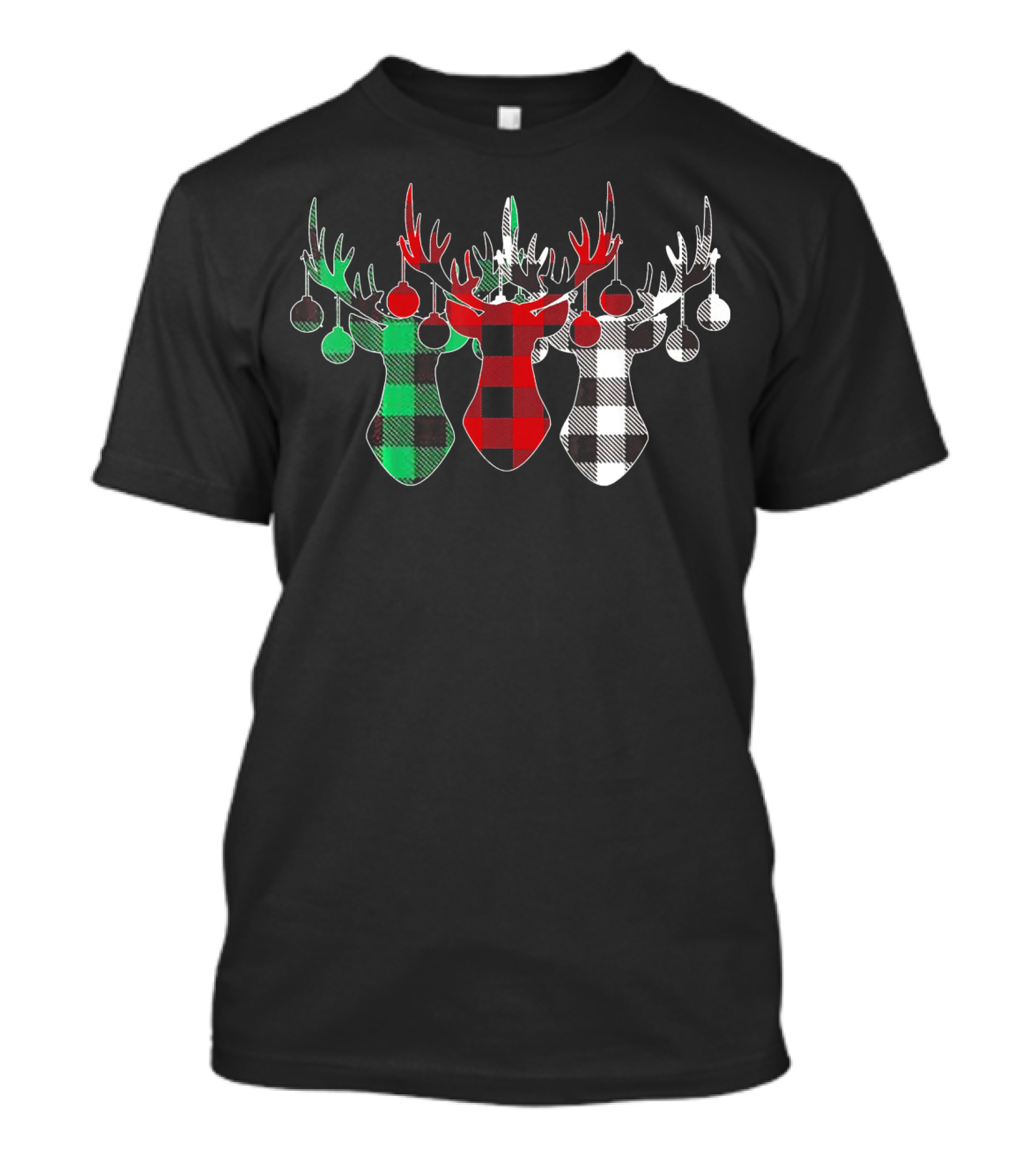 Reindeer Deer Christmas Buffalo Plaid Trio With Ornaments T-Shirt