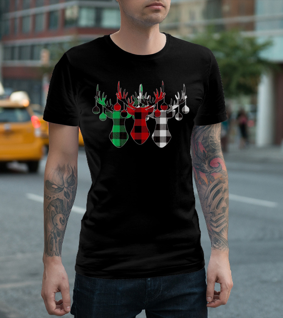 Reindeer Deer Christmas Buffalo Plaid Trio With Ornaments T-Shirt