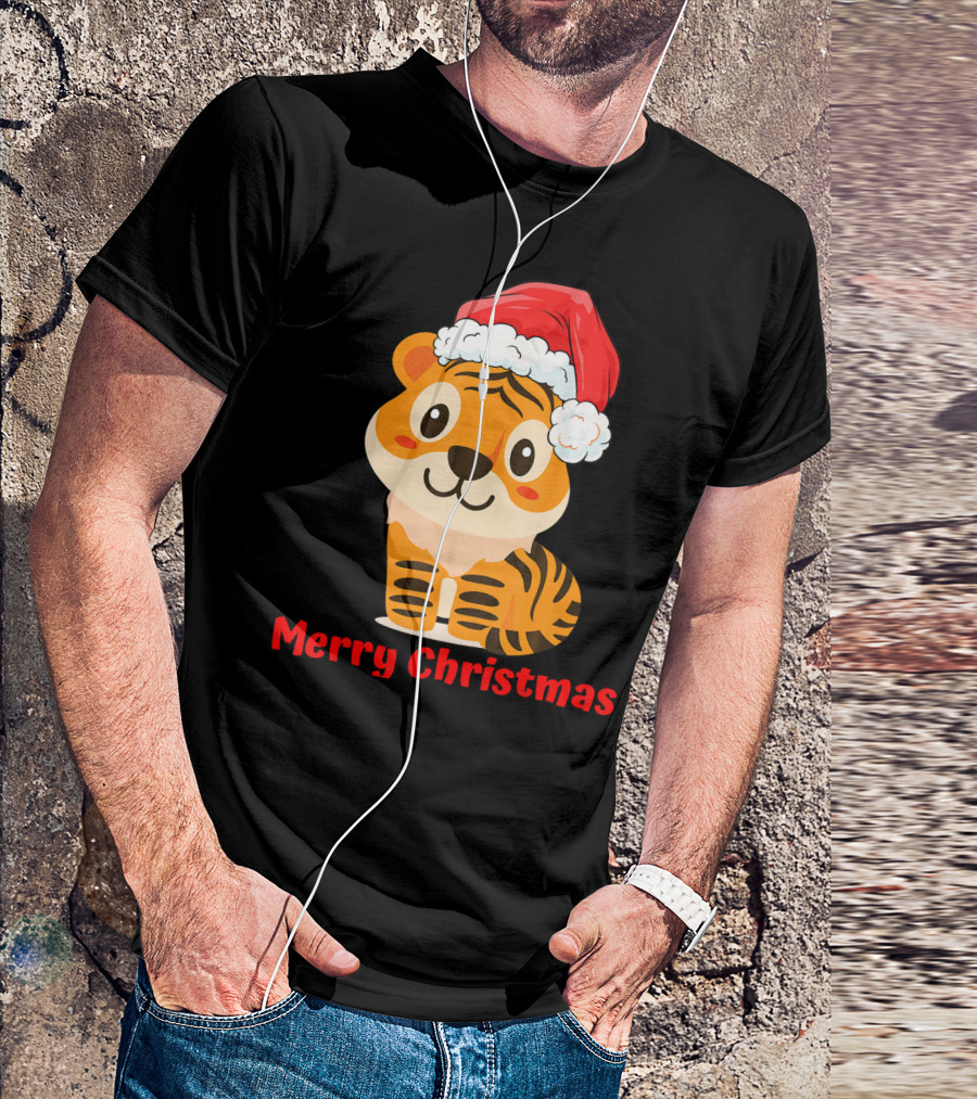 Tiger Santa Hat Merry Christmas T-Shirt
