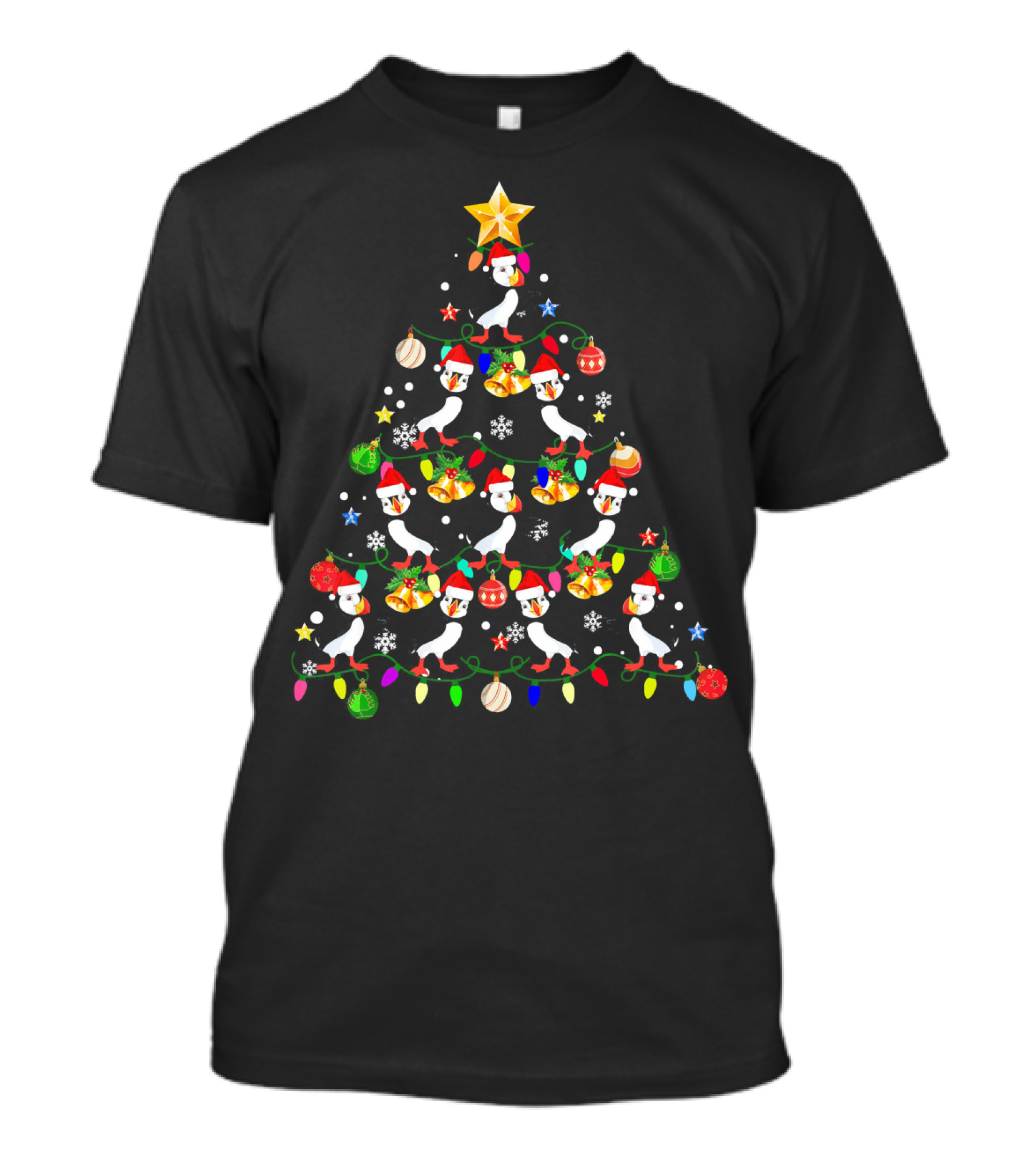 Puffin Bird Christmas Tree With Santa Hats And Ornaments T-Shirt