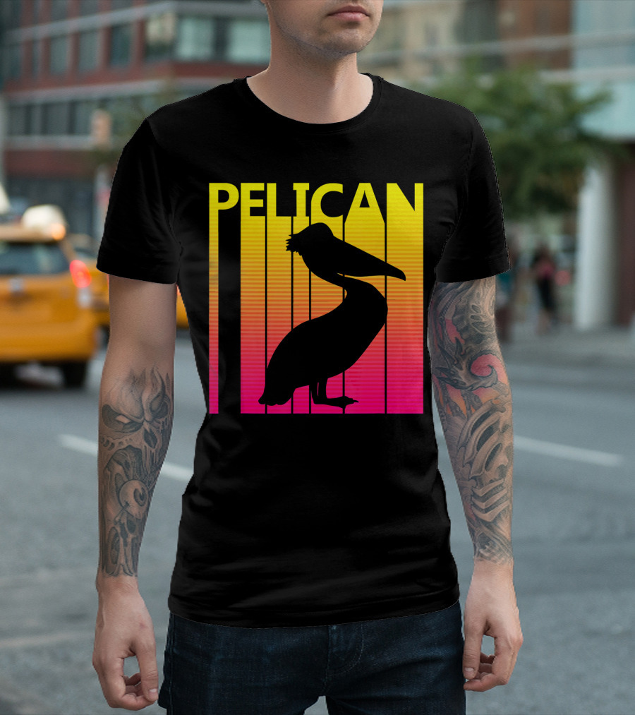 Pelican Silhouette Against Vibrant Sunset Stripes T-Shirt