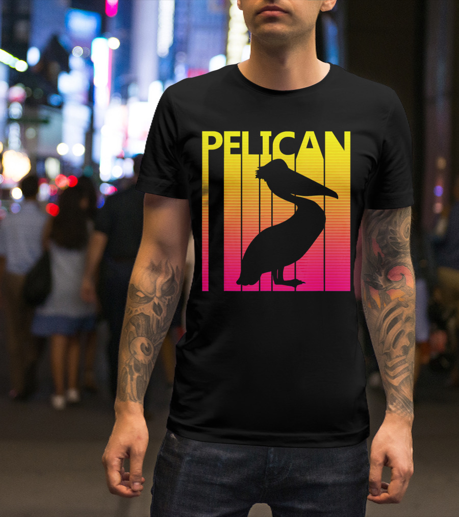Pelican Silhouette Against Vibrant Sunset Stripes T-Shirt