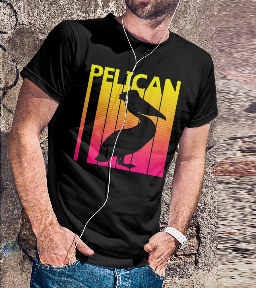Pelican Silhouette Against Vibrant Sunset Stripes T-Shirt