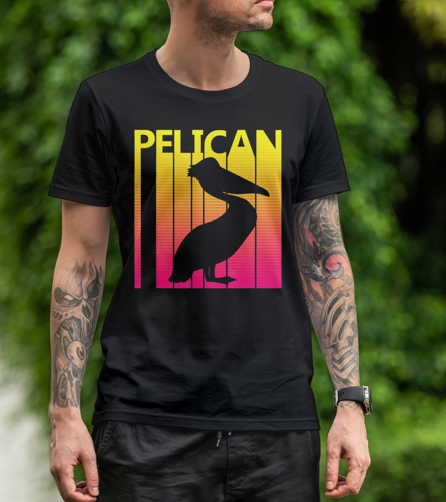 Pelican Silhouette Against Vibrant Sunset Stripes T-Shirt