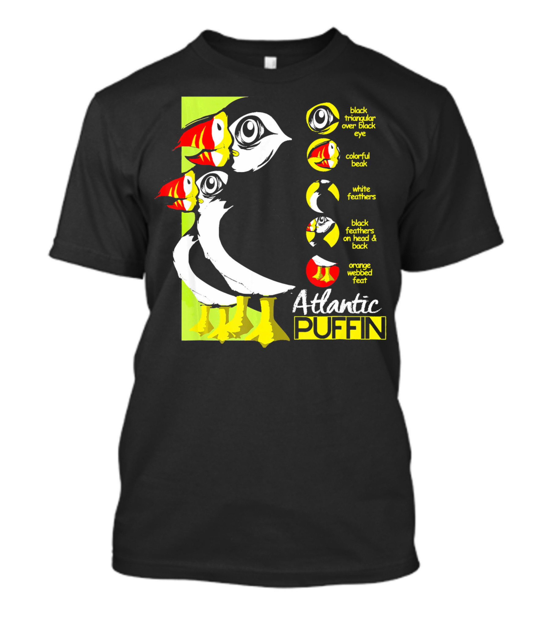 Atlantic Puffin Anatomy Colorful Beak White Feathers Orange Webbed Feet Black Triangular Eye T-Shirt