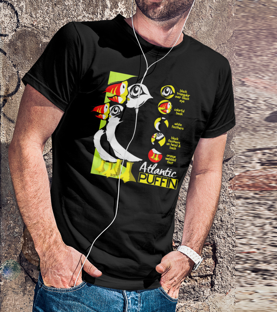 Atlantic Puffin Anatomy Colorful Beak White Feathers Orange Webbed Feet Black Triangular Eye T-Shirt