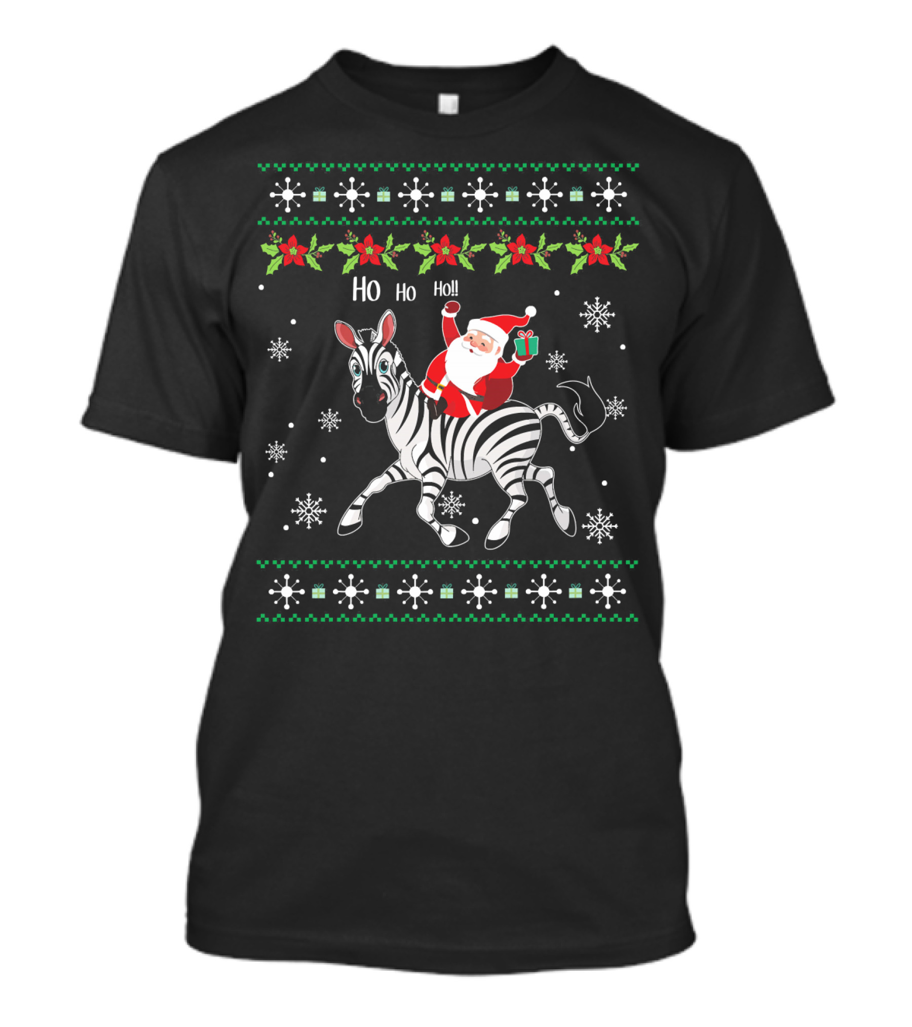 Santa Claus Ho Ho Ho Riding Zebra With Christmas Patterns And Snowflakes T-Shirt